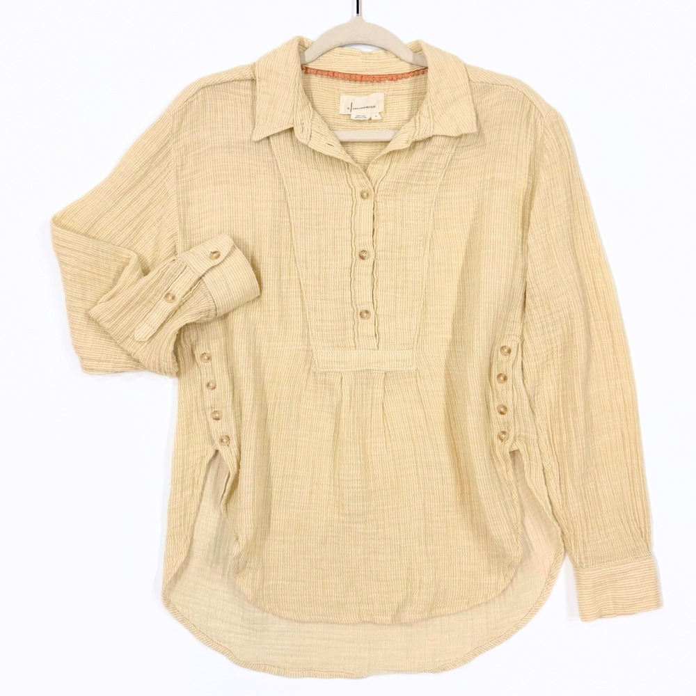 Anthropologie Double Gauze V-Neck Popover Shirt Cream Yellow Small Cottagecore